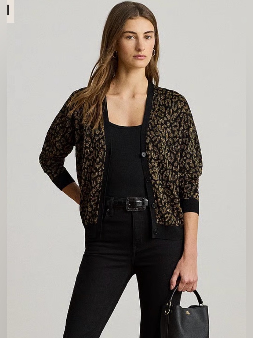 Lauren Ralph Lauren Metallic Ocelot Double-Knit Cardigan - Sz M NWT $165